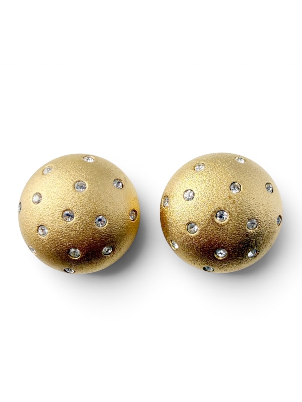 Vintage Swarovski Swan Signed Crystal Brushed Goldtone Round Clip On Earrings